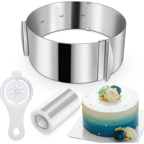 Adjustable Pastry Circle 16-30 cm, Extendable Cake Circle with Cake Necklace and Egg Separator Height 8.5 cm, Round Stainless Steel Silver Cake Mould Cookie Cutter Frame (1/5)