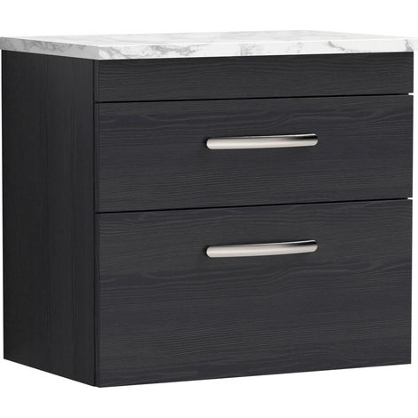 Millwich Contemporary 2 Drawer Wall Hung Vanity Unit with Laminate Carrara Marble Worktop, Charcoal Black, 600mm
