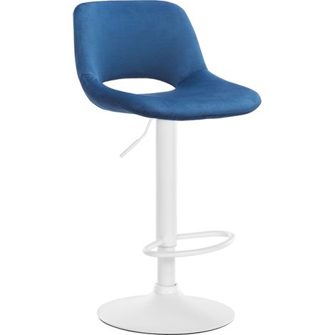 Tabouret de bar chaise haute x1 avec repose-pieds en velours bleu piètement métallique blanc 100004605
