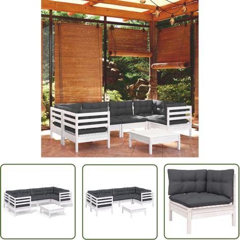 INLIFE Salon de jardin 7 pcs avec coussins Blanc Bois de pin (1/5)