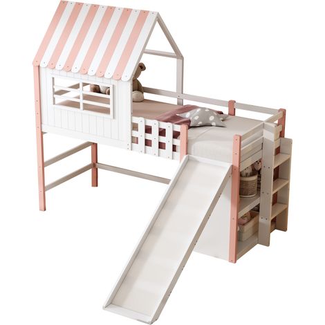 Letto a soppalco per bambini 90 x 200 cm rosa con scivolo, scala di sicurezza e ripiani (1/5)