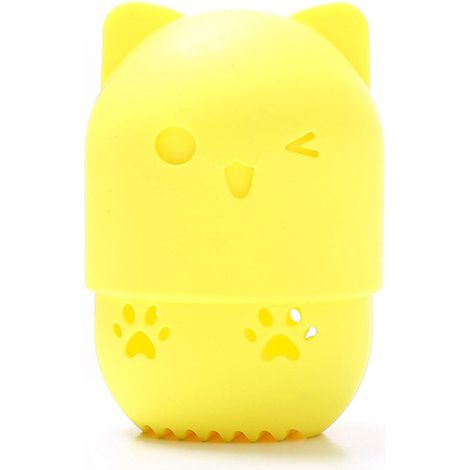 Caja de almacenamiento portátil de silicona con forma de gatito, de secado rápido, para esponja de maquillaje, estuche protector y cápsula para herramientas de belleza, color amarillo.