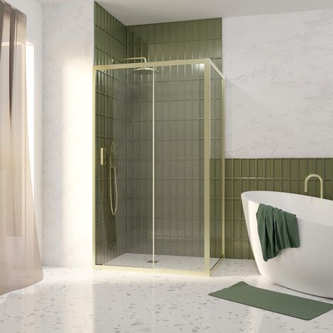 pack porte de douche coulissante 120x200cm et retour 90cm - profilés or doré brossé - verre 6mm (1/5)