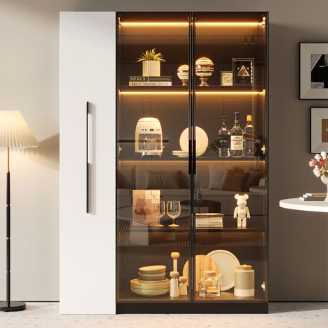 Armoire multifonction 110,5×35×160 cm vitrine porte vitrée LED structure latérale à rouleaux blanc et noir salon chambre salle à manger.