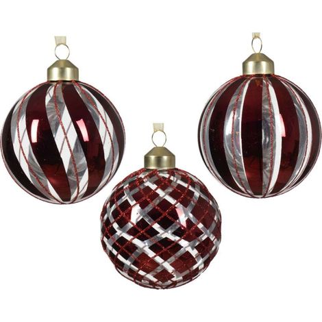 Sfera di Natale Lucida a Righe - Argento e Bordeaux con Glitter