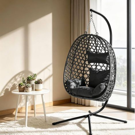 Poltrona sospesa 105x105x195 cm antracite, altezza regolabile, rattan PE e metallo MEUBLIV (1/5)
