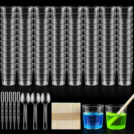 Gobelet Doseur,100 Pièces bécher gradué 60ml,tasses de mélange de peinture,verres doseur plastique avec Bâtons en Bois et compte-gouttes pour Moules Coulée, Bricolage, Laboratoire (1/5)