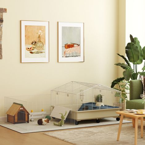 PawHut Kleintierkäfig, Balkon, Rampe, Futtertrog, Wasserflasche, 2-Ebenen-Design, Weiß