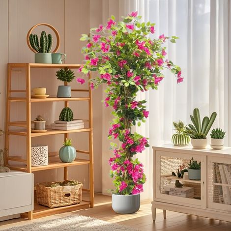 Bougainvillier artificiel, 185 cm, pour intérieur et extérieur, bureau, mariage, décoration d'intérieur, plantes artificielles réalistes avec tronc en bois et fleurs roses (1/5)