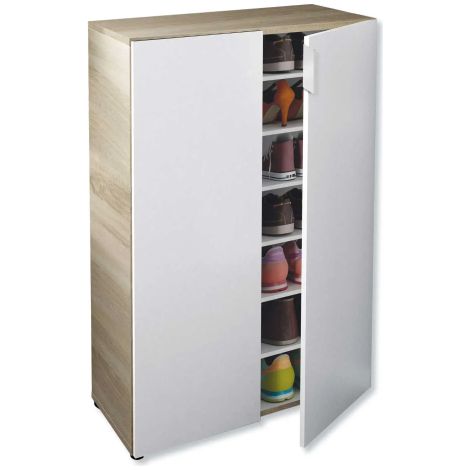 Mehrzweck-Kabinett Olathe, Beistellschrank mit 2 Türen, Niedriger Schuhschrank mit 6 Regalen, Niedriger Schuhschrank, cm 70x36h103, Eiche und Weiß (1/5)