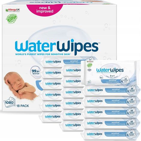 Salviette umidificate WaterWipes Sensitive+ per neonati e bambini, confezione da 60 pezzi (18 pezzi).