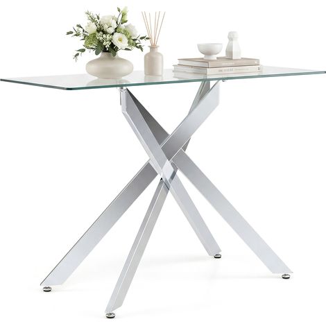 Console Meuble Verre Axis, Console Entree Transparent, Pieds Tubulaires en Métal Chromé, Design Moderne, pour Salon, Couloir, Argent (1/5)