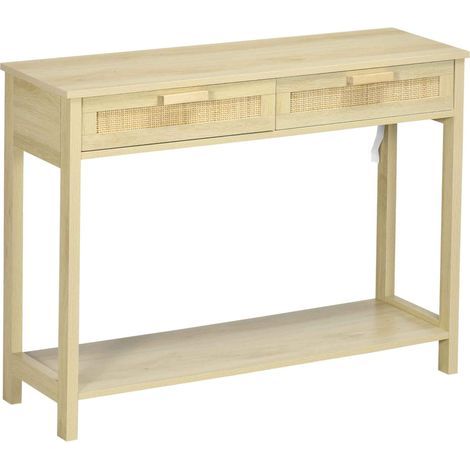 Console Table d'appoint dim. 100L x 30l x 76H cm 2 tiroirs façades cannage en rotin étagère MDF Aspect Bois Clair (1/5)
