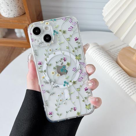 Étui magnétique pour iPhone 15, compatible MagSafe, coque transparente en silicone antichoc pour filles et femmes, motif floral. (1/5)