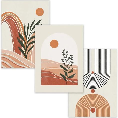 Set di 3 quadri astratti botanici in stile boho, decorazioni murali geometriche con piante, poster da parete verde salvia e arancione per camera da letto, soggiorno, bagno, 15x20 cm, senza cornice (1/5)