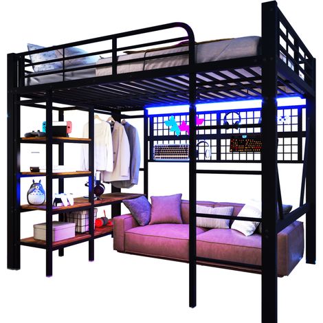 Lit mezzanine 140x200 cm en métal et MDF noir avec LED, rangements, penderie et espace ouvert sous le couchage – CHICFURN (1/5)