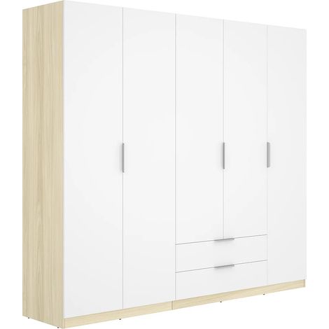 Armadio 5 ante 2 cassetti L228cm Bianco e naturale chiaro - KALONY (1/4)