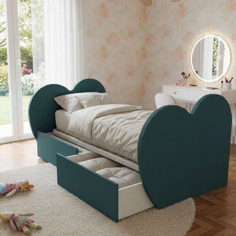 Letto singolo cuore con cassetti - Cameretta romantica e funzionale - Verde Petrolio