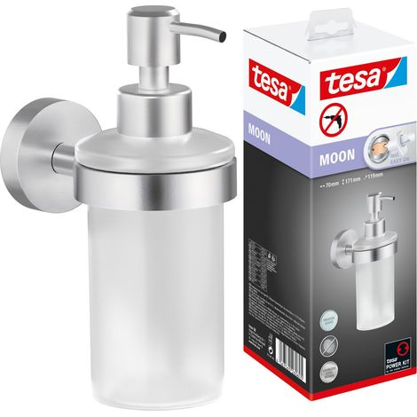TESA MOON DISTRIBUTEUR DE SAVON LIQUIDE MURAL, ACIER INOXYDABLE LOOK, ADHÉSIF, TECHNOLOGIE SANS PERCER, 109 MM X 70 MM X 156 MM