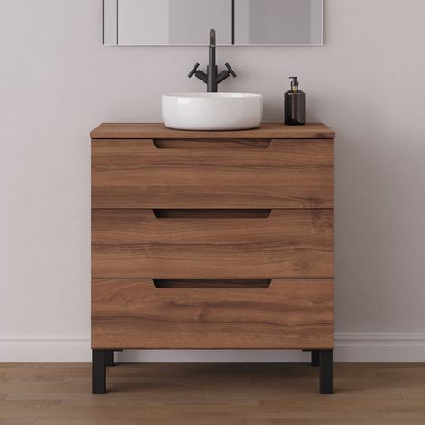 Meuble de salle de bain 60cm avec plateau et vasque à poser ronde - sans miroir - 3 tiroirs - noyer (bois foncé) - RIZA (1/5)