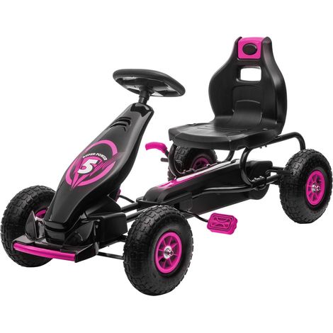 Gokart, Kinderfahrzeug mit verstellbarem Sitz, Tretfahrzeug mit Gummireifen, Pedal und Handbremse, Kettcar für 5-12 Jahre Kinder, Outdoor, Rosa