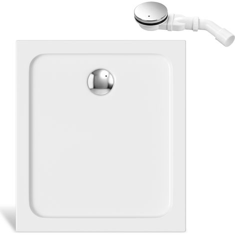 Randaco Acryl Duschtasse 90x80 cm Weiß, 4 cm flach, Chrom Ablauf mit Haarfilter (1/5)