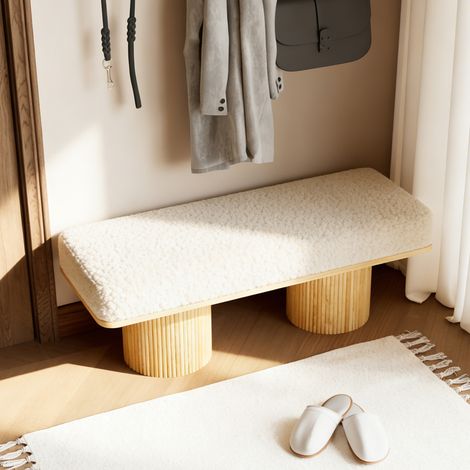Sitzbank 122 cm Teddy-Fleece mit Massivholz-Basis, gepolsterte Bank für Schlafzimmer, Flur und Eingangsbereich, Creme