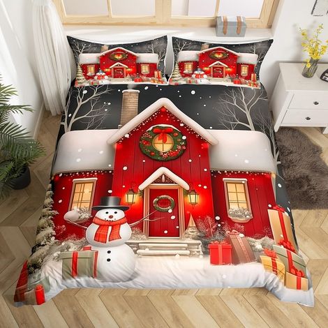 Thème de Noël 140x200 Literie Set Bonhomme de Neige Thème d'hiver Housse de Couette Garçons Filles Enfants Décorations de Noël Parure de Lit Bonne Année Couvre Lit Joyeux Noël Literie - 140x200cm + 1 (1/5)