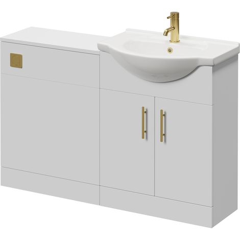 Alexander James Cento Gloss White 1250mm 2 Door Vanity Unit Toilet Suite - 1250mm - Brushed Brass 96mm Knurled Bar HandleWithout James Toilet Pan