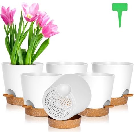 Lot de Pot de Fleur en Plastique, 6pcs Pots de Fleurs Auto-Arrosant, Pots de Plantes avec Trous De Drainage et Soucoupes Amovible pour d'Intérieur et d'Extérieur Jardins de Balcon -Blanc 16,5cm (1/5)