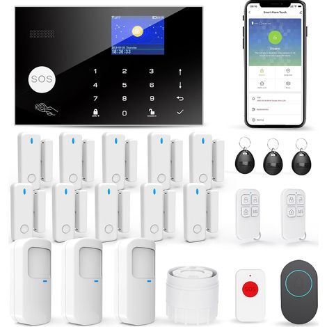 Système d'alarme Domestique, Alarme Maison sans Fil WiFi/GSM SMS, 22 Pièces, avec Détecteur De Mouvement, Sirène D'alarme 120 DB, Télécommande Intelligente, Invitation Vocale (1/5)