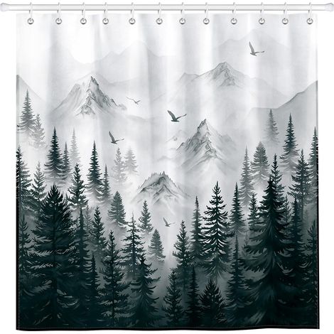 Rideau De Douche, ForêT De Montagne Noire Lavable 182x182 cm Imperméable Polyester Rideau De Bain pour Baignoire, Salle De Bain Décor avec œIllets Et 12 Crochets (1/5)
