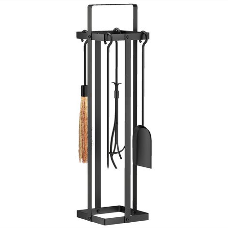 Ensemble serviteur de cheminée 5 pièces, accessoires de cheminée, balai-brosse pelle pince tisonnier support métal noir