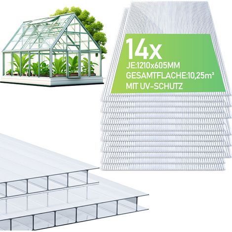 Jiubiaz 14 lastre in policarbonato alveolare 4 mm 121×60,5 cm, tagliabili, 10,25 m², resistenti ai raggi UV, doppia parete, per serra da giardino