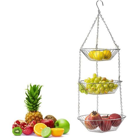 GROOFOO Corbeille Fruit Corbeille à Fruits Suspendue en 3 étages,Corbeille de fruits exclusif pour suspendre avec longue chaîne Panier Rangement de Panier pour Fruits, Légumes(Argent) (1/5)
