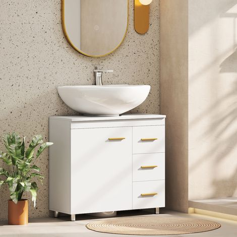 Waschtischunterschrank mit 3 Schubladen, 3-stöckigem Schrank mit Soft-Close-Funktion, platzsparendem Unterschrank mit U-Ausschnitt, für Stand- und Wandwaschbecken, 70 x 30 x 65 cm, Weiß