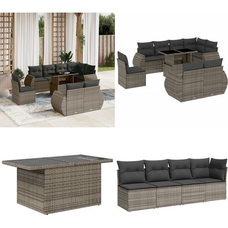 9-tlg. Garten-Sofagarnitur mit Kissen Grau Poly Rattan - Gartenmöbel Set - Esszimmergarnitur - Outdoor Möbel - Lounge Garnitur - Rattan Gartenmöbel - Home & Living (1/5)