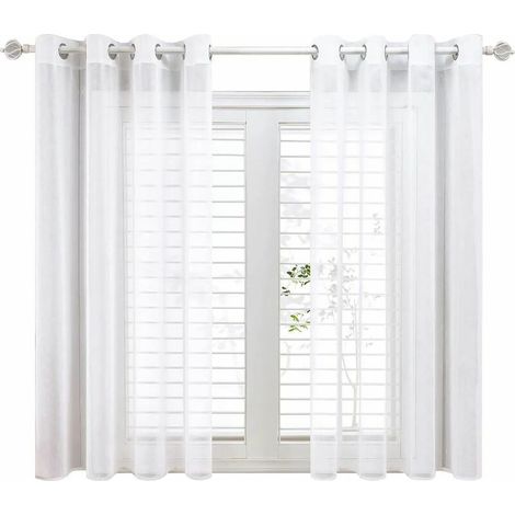Lot de 2 Rideau Voilage Blanc 140x160cm en Effet Lin Imatation A Oeillets Rideaux Voilage Decoration Chambre Court Voilages intérieurs pour Chambre Enfant Petite fenêtre Cuisine