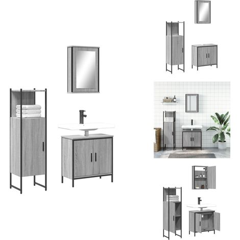 3-tlg. Badmöbel-Set Grau Sonoma Holzwerkstoff - Badmöbel-Set - Badezimmermöbel - Holzwerkstoff - Grau Sonoma - Waschtischschrank (1/5)