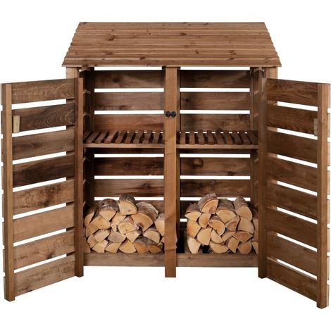 Slatted wooden log store with door and kindling shelf W-146cm, H-180cm, D-88cm - brown finish
