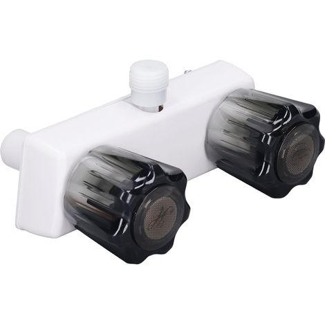 Robinet de douche pour camping-car avec inverseur, mitigeur et molette de commande à 2 boutons, base blanche et bouton marron.