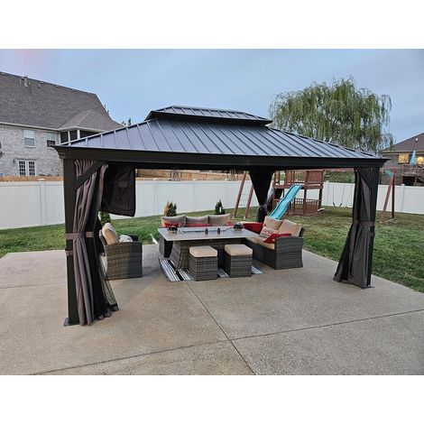 PURPLE LEAF Tonnelle de Jardin Extérieur Pergola Aluminium avec Moustiquaire et Rideaux Pavillon de Jardin à Double Toit Acier Galvanisé, 4.6 x 4 m, Gris