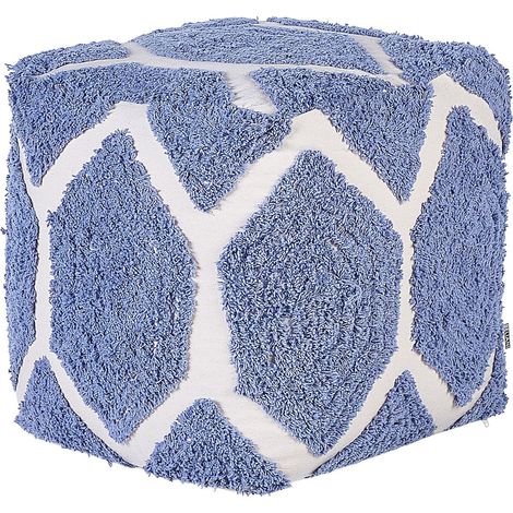 Pouf cotone beige e blu motivo decorativo soggiorno camera da letto boho Rojhan