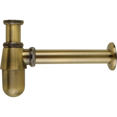 Siphon mural en laiton massif de style ancien, siphon P avec bonde escamotable for lavabo et tuyau plomberie(Brushed Bronze) (1/5)
