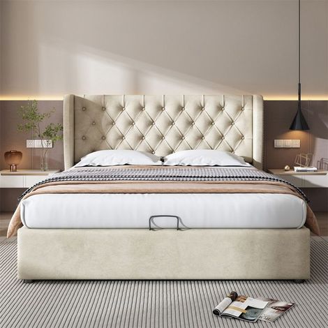 Lit rembourré coffre 140x190 cm en velours beige avec sommier à lattes — 2 places, capacité 300 kg (1/5)