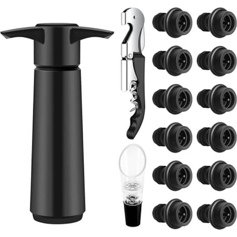 Pompe à vin sous vide en acier inoxydable 15 pièces avec 12 bouchons, un verseur et un tire-bouchon, ABS noir, réutilisable (1/5)