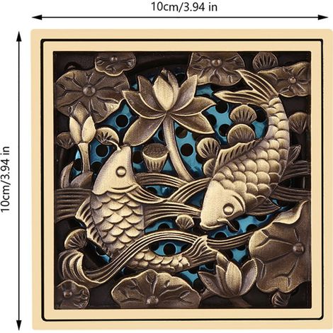 [Grille de Sol] Grille de Sol Carrelée Antique avec Grille de Protection pour Drainage et Anti-Odeurs - Panneau 10x10cm avec Motif de Poissons, Matériau Bronze Massif, Surface Antique pour Décor et Du (1/5)