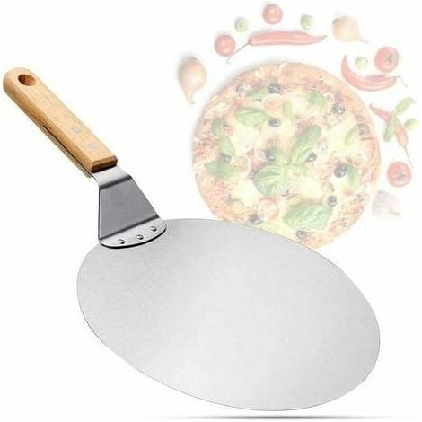 Pelle à pizza en acier inoxydable - pelle à pizza et à gâteaux avec manche en bois - poussoir à pizza rond pour pizza, tarte flambée et pain (marron/argent - rond) (1/5)