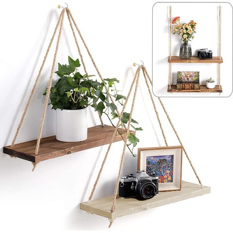 Etagere Murale Bois - 45 cm x 14 cm - Suspension Corde Coton - Décoration Bohème - Lot de 2 (1/5)