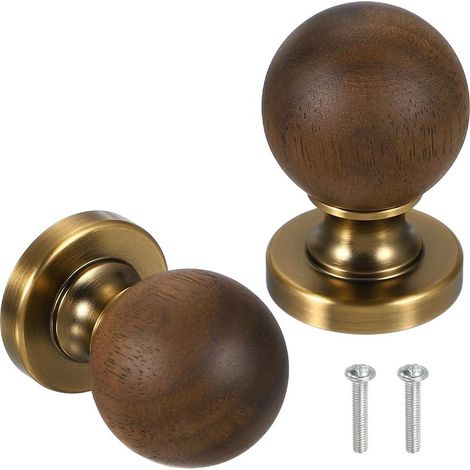 Lot de 2 boutons d'armoire en bois de 2,54 cm, ronds à trou unique en noyer avec base en cuivre pour meubles, placard, commode, cuivre marron, 3,8 cm (1/5)